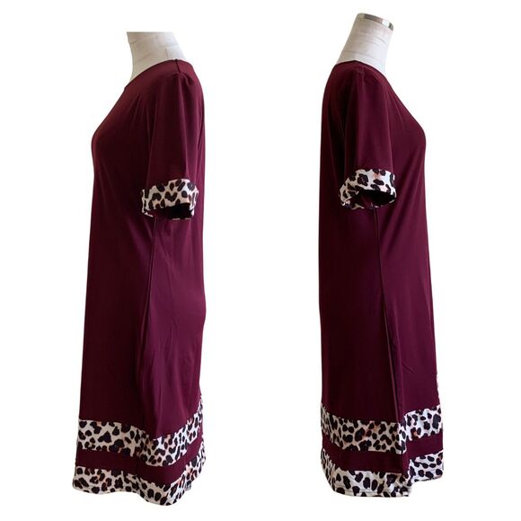 Women’s Burgundy Leopard Trim A-line Midi Dress Size M - Picture 5 of 8